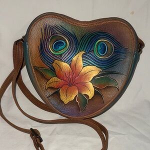 Anuschka Brown Leather Crossbody Bag with Peacock and Floral Design